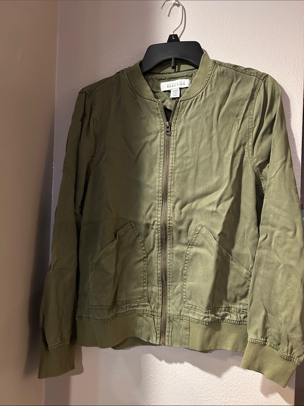 Kenneth Cole Reaction Olive Green 100% Tencel Bomber Jacket Womens Medium Zip Up